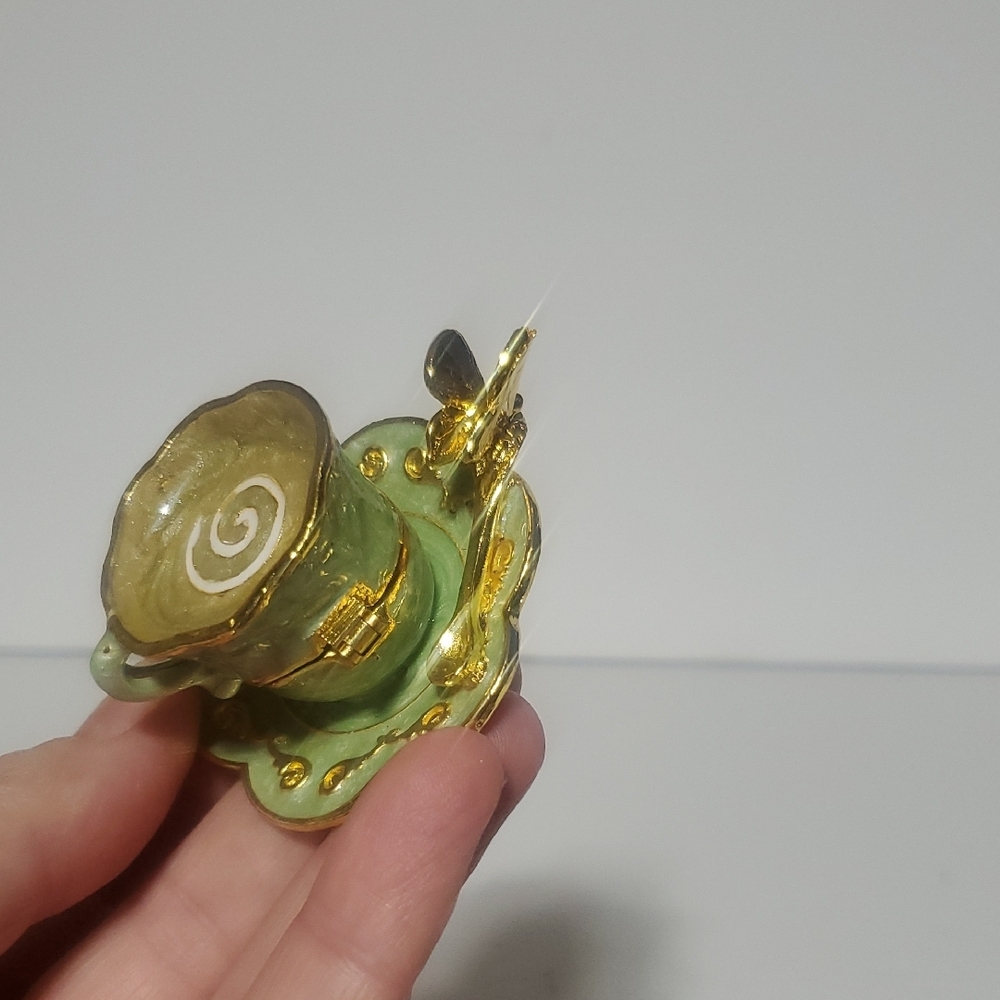 Green and Gold Teacup Trinket Box With Butterfly Spoon Accent - Picture 2 of 8